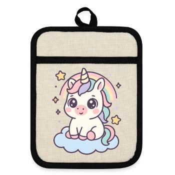 Kawaii Unicorn on Cloud with Rainbow Stars - Pot holders with rubber back - linen/black  - Front