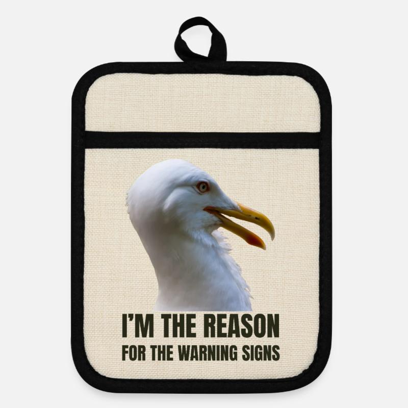 Whimsical Seagull with Bold Text - Pot holders with rubber back - linen/black