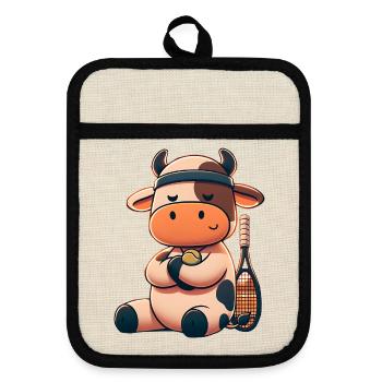Cute tennis cow with racket and ball - Pot holders with rubber back - linen/black  - Front