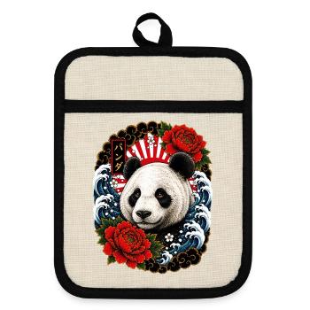 Panda im japanischen Irezumi Tattoo Stil - Topflappen mit Gummirückseite - Leinen/Schwarz  - Vorne