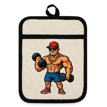Bodybuilder Cartoon Muskelheld - Topflappen mit Gummirückseite - Leinen/Schwarz  - Vorne