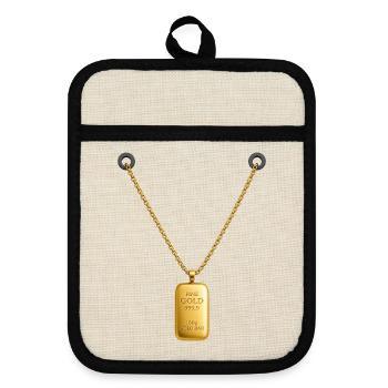 Goldbarren Kettenanhänger  - Topflappen mit Gummirückseite - Leinen/Schwarz  - Vorne