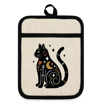 Magische Katze - Schwarz Bunt mit Sternen - Topflappen mit Gummirückseite - Leinen/Schwarz  - Vorne