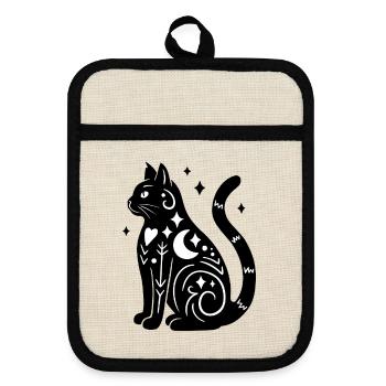 Magische Katze - Schwarz Weiß mit Sternen - Topflappen mit Gummirückseite - Leinen/Schwarz  - Vorne