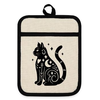 Magische Katze - Schwarz mit Sternen - Topflappen mit Gummirückseite - Leinen/Schwarz  - Vorne