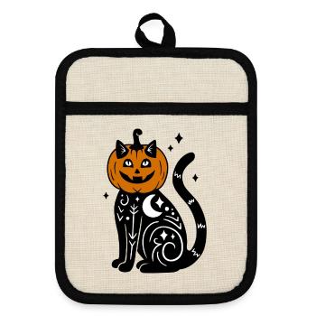 Halloween Katze Kürbiskostüm - Mit Sternen - Topflappen mit Gummirückseite - Leinen/Schwarz  - Vorne