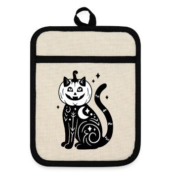 Halloween Katze Kürbiskostüm - SW mit Sternen - Topflappen mit Gummirückseite - Leinen/Schwarz  - Vorne
