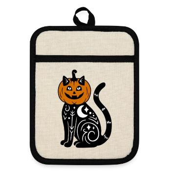 Halloween Katze Kürbiskostüm - Topflappen mit Gummirückseite - Leinen/Schwarz  - Vorne