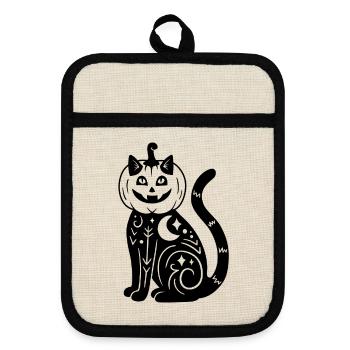 Halloween Katze Kürbiskostüm - Schwarz - Topflappen mit Gummirückseite - Leinen/Schwarz  - Vorne