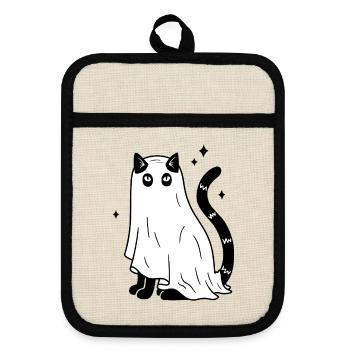 Halloween Katze Gespenst - SW mit Sternen - Topflappen mit Gummirückseite - Leinen/Schwarz  - Vorne