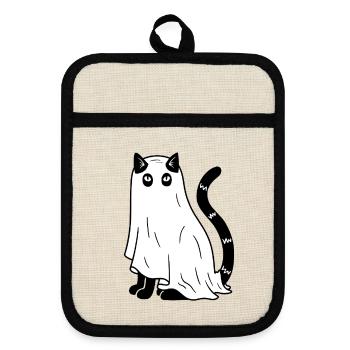Halloween Katze Gespenst - SW - Topflappen mit Gummirückseite - Leinen/Schwarz  - Vorne
