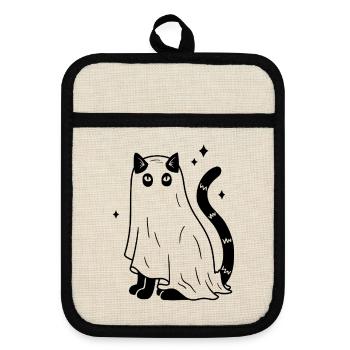 Halloween Katze Gespenst - Schwarz mit Sternen - Topflappen mit Gummirückseite - Leinen/Schwarz  - Vorne