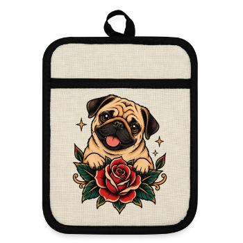 Mops Hund süßer Mops niedlicher Mops - Topflappen mit Gummirückseite - Leinen/Schwarz  - Vorne