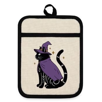 Magische Halloween Katze als Hexe - Bunt - Topflappen mit Gummirückseite - Leinen/Schwarz  - Vorne