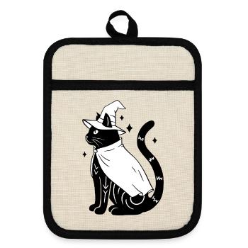 Magische Halloween Katze als Hexe - SW - Topflappen mit Gummirückseite - Leinen/Schwarz  - Vorne