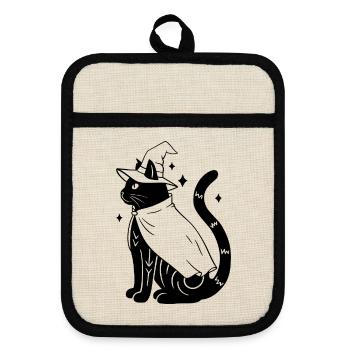 Magische Halloween Katze als Hexe - Schwarz - Topflappen mit Gummirückseite - Leinen/Schwarz  - Vorne