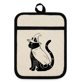 Magische Halloween Katze als Hexe - Ohne Sterne - Topflappen mit Gummirückseite - Leinen/Schwarz  - Vorne