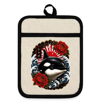 Orca im japanischen Irezumi Tattoo Stil - Topflappen mit Gummirückseite - Leinen/Schwarz  - Vorne