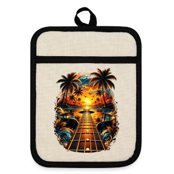Tropische Gitarre Sonnenuntergang Musik Palmen - Topflappen mit Gummirückseite - Leinen/Schwarz  - Vorne