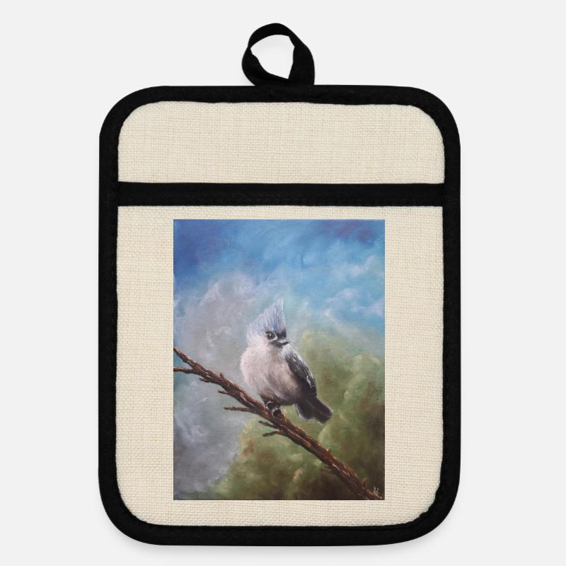Whimsical Blue-Crested Bird Illustration - Pot holders with rubber back - linen/black 