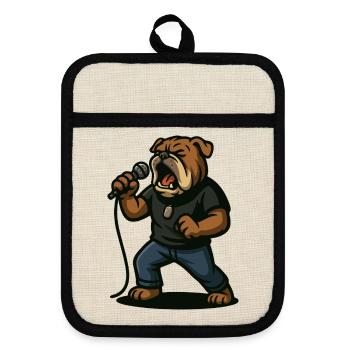 Rocksängerin Bulldogge mit Mikrofonkunst - Topflappen mit Gummirückseite - Leinen/Schwarz  - Vorne