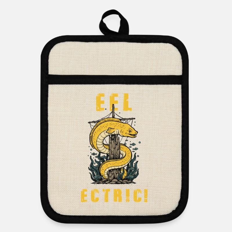Vintage Eel-ectric Eel Humor - Pot holders with rubber back - linen/black 
