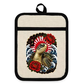 Schildkröte im japanischen Irezumi Stil - Topflappen mit Gummirückseite - Leinen/Schwarz  - Vorne