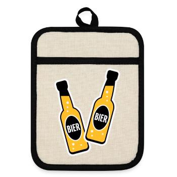 2 Bierflaschen Stoßen An (Bier Biertrinker NEG 3C) - Topflappen mit Gummirückseite - Leinen/Schwarz  - Vorne