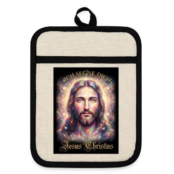 Jesus Christus Ich segne Dich - Topflappen mit Gummirückseite - Leinen/Schwarz  - Vorne