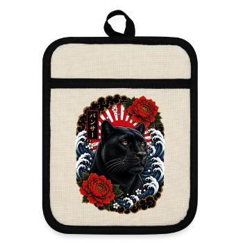 Schwarzer Panther im japanischen Irezumi Stil - Topflappen mit Gummirückseite - Leinen/Schwarz  - Vorne