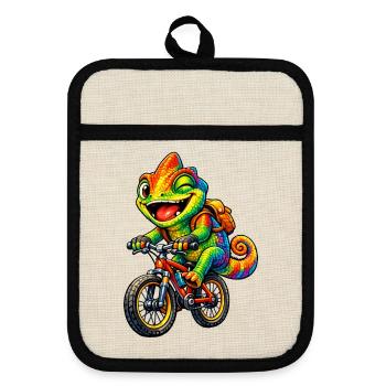 Chamäleon auf dem Fahrrad - Topflappen mit Gummirückseite - Leinen/Schwarz  - Vorne