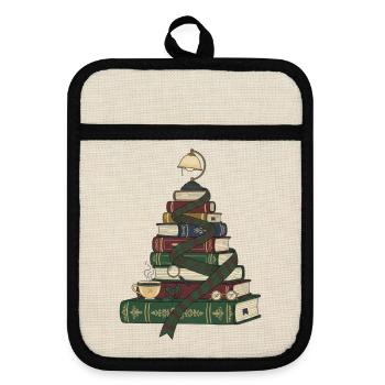 Weihnachtsbaum aus Büchern - Topflappen mit Gummirückseite - Leinen/Schwarz  - Vorne