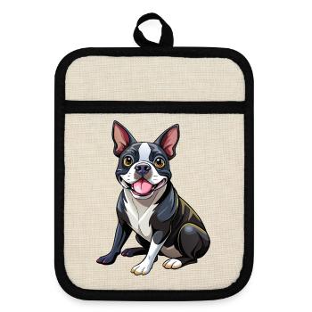 Boston Terrier Hundesitting - Topflappen mit Gummirückseite - Leinen/Schwarz  - Vorne