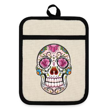 Mexican Sugar Skull, day of the dead - Pot holders with rubber back - linen/black  - Front