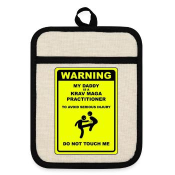 Warning! Daddy does Krav Maga! - Pot holders with rubber back - linen/black  - Front