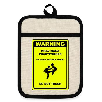 Warning! Krav Maga practitioner! - Pot holders with rubber back - linen/black  - Front
