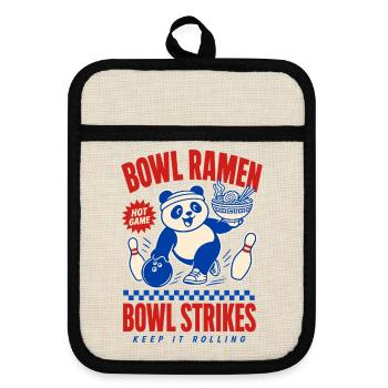 Bowl Ramen – Panda beim Bowling mit Nudelsuppe - Topflappen mit Gummirückseite - Leinen/Schwarz  - Vorne