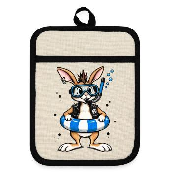 Bunter Punk Hase Taucher mit Rettungsring - Topflappen mit Gummirückseite - Leinen/Schwarz  - Vorne
