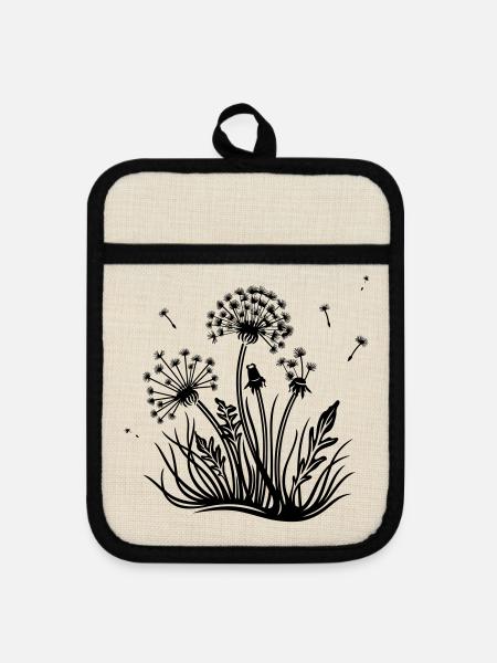 Löwenzahn, Pusteblume, dandelion - Topflappen mit Gummirückseite - Leinen/Schwarz