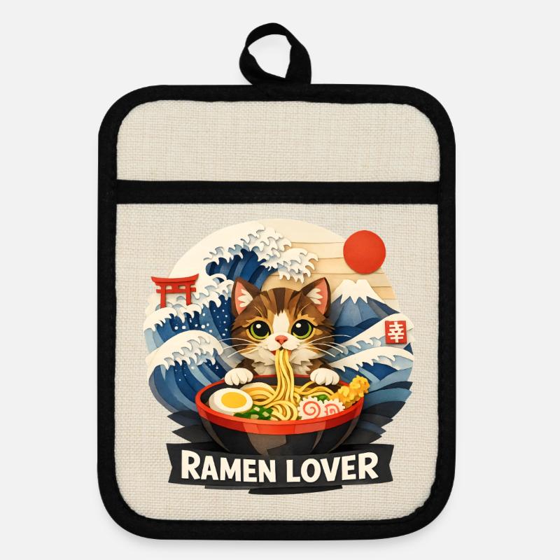 Anime Ramen de chat - Maniques avec dos en caoutchouc - lin/noir 