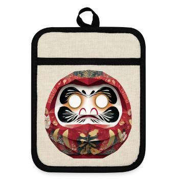 Blumenkreis-Daruma im Feststil Daruma Origami - Topflappen mit Gummirückseite - Leinen/Schwarz  - Vorne