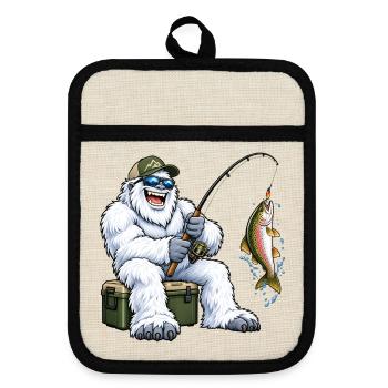Fröhlicher Yeti beim Angeln – Lustiges Outdoor Mot - Topflappen mit Gummirückseite - Leinen/Schwarz  - Vorne