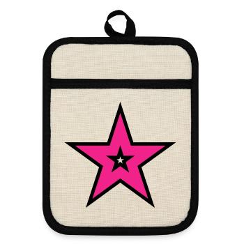 Pink Star auf Schwarz - Topflappen mit Gummirückseite - Leinen/Schwarz  - Vorne