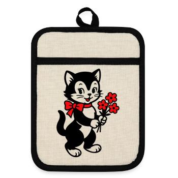 Black Cat with Red Ribbon - Pot holders with rubber back - linen/black  - Front