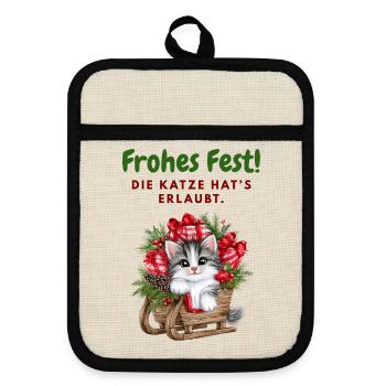 Frohes Fest... Weihnachen mit Katze - Topflappen mit Gummirückseite - Leinen/Schwarz  - Vorne