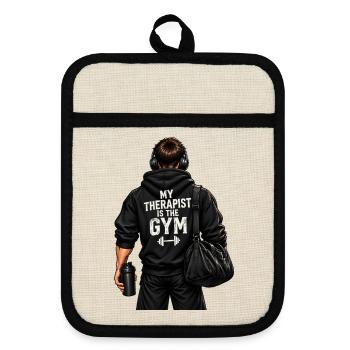 Mein Therapeut ist der Fitnessstudio – der Fitnessstudio-Typ - Topflappen mit Gummirückseite - Leinen/Schwarz  - Vorne