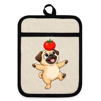 Süßer Mops Cartoon balanciert Tomate - Topflappen mit Gummirückseite - Leinen/Schwarz  - Vorne