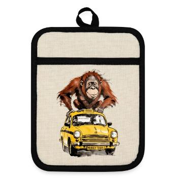 Affe auf dem Taxi Monkey Tours - Topflappen mit Gummirückseite - Leinen/Schwarz  - Vorne