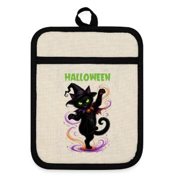 Halloween black cat dancing - Topflappen mit Gummirückseite - Leinen/Schwarz  - Vorne