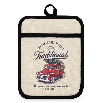 Vintage Weihnachtsbaum Pick-Up Truck Retro - Topflappen mit Gummirückseite - Leinen/Schwarz  - Vorne
